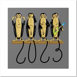 Funny Four Wise Monkeys 2023 New Year See No Evil Posters and Art